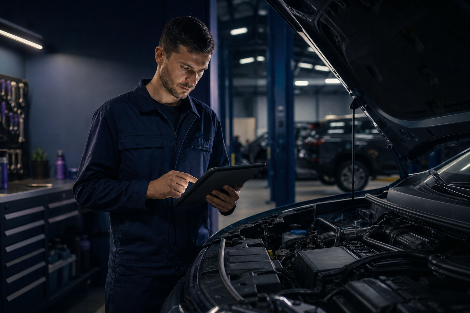 Servicetechniker prüft Fahrzeugdaten am Tablet.