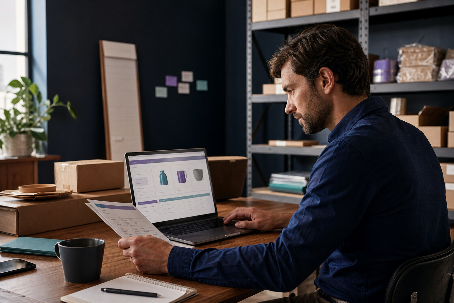 B2B-Mitarbeiter bearbeitet Produkt- und Bestelldaten.