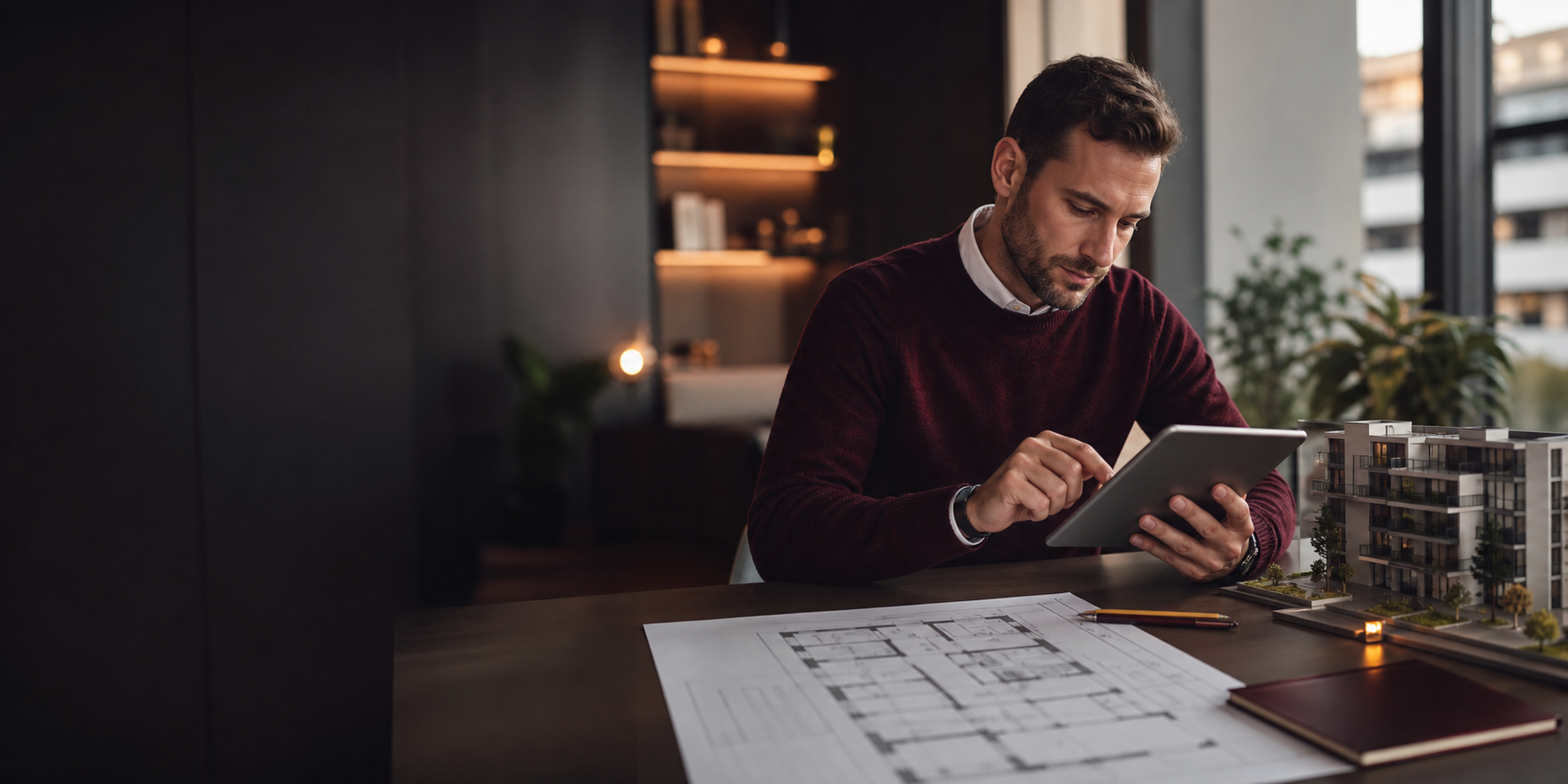 Immobilienmanager prüft Objektinformationen am Tablet.