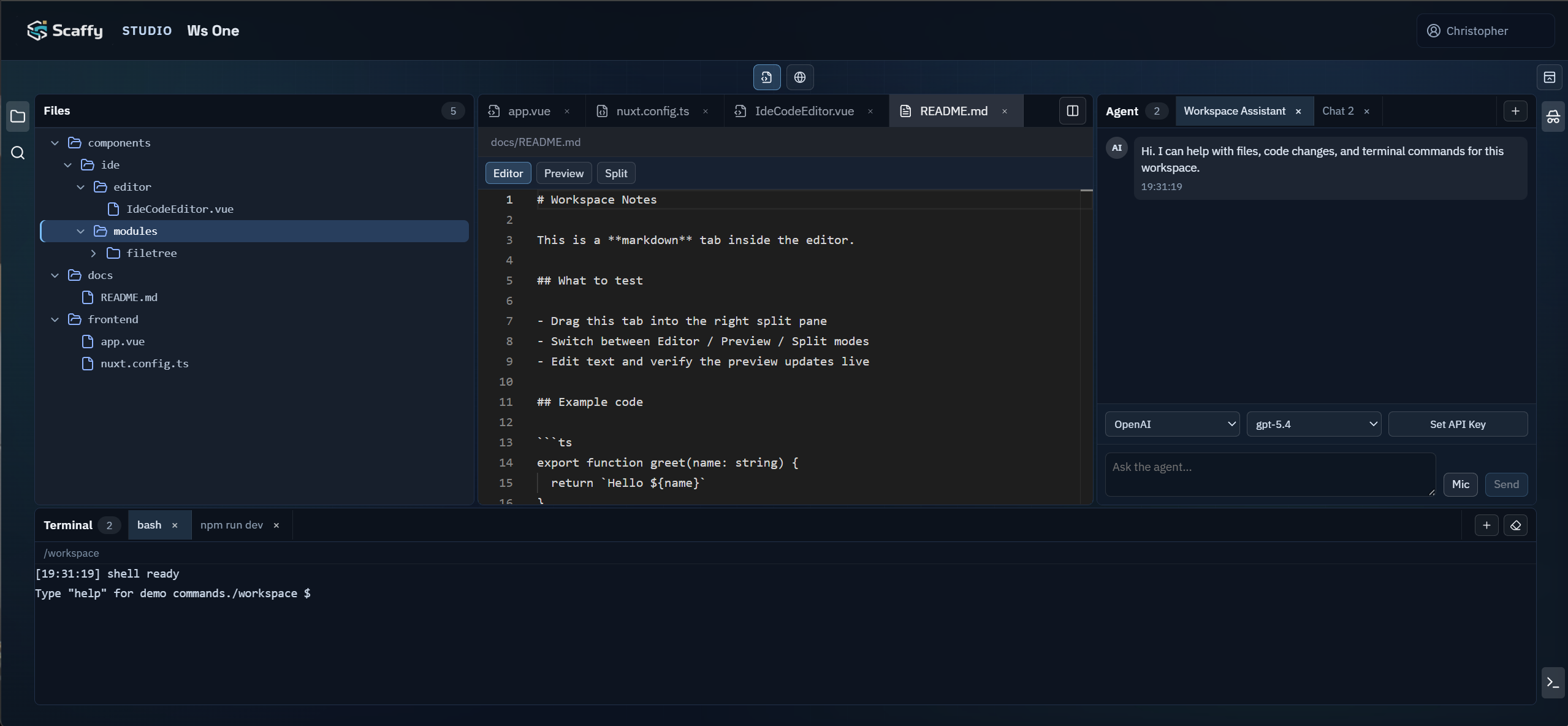Aktueller Entwicklungsstand von Scaffy Studio mit File Tree, Editor, Terminal und Agent-Kontext