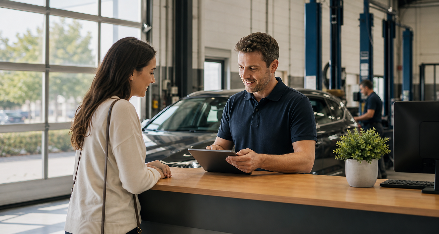 Serviceberater nimmt ein Fahrzeug mit Tablet an einer Werkstattrezeption auf.