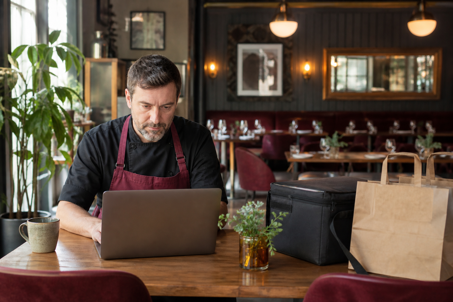 Restaurantinhaber prüft direkte Bestellungen und den eigenen digitalen Kundenkontakt.