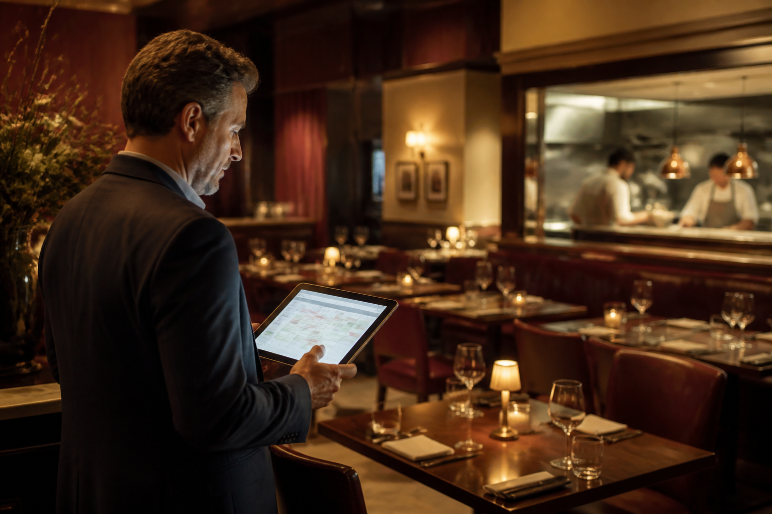 Restaurantleitung prüft Reservierungen und Tischbelegung auf einem Tablet.