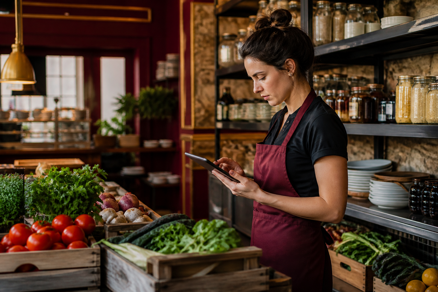 Restaurantmitarbeiterin prüft frische Zutaten und den Warenbestand digital.