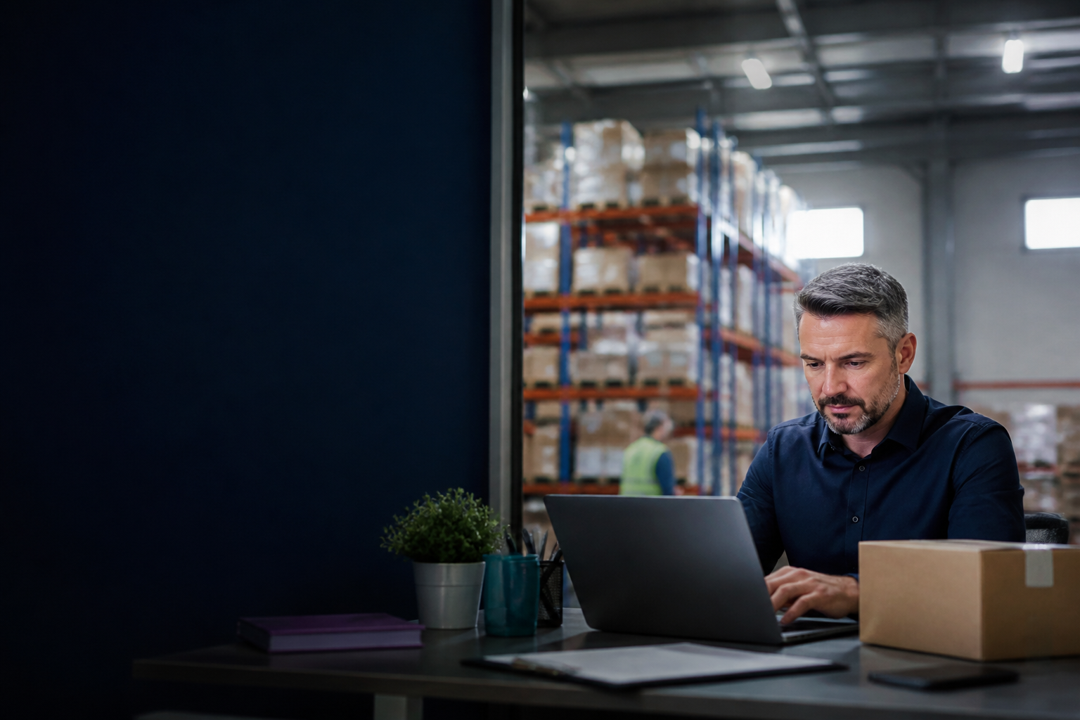 Mitarbeiter prüft eine B2B-Bestellung im Lager- und Bürobereich.