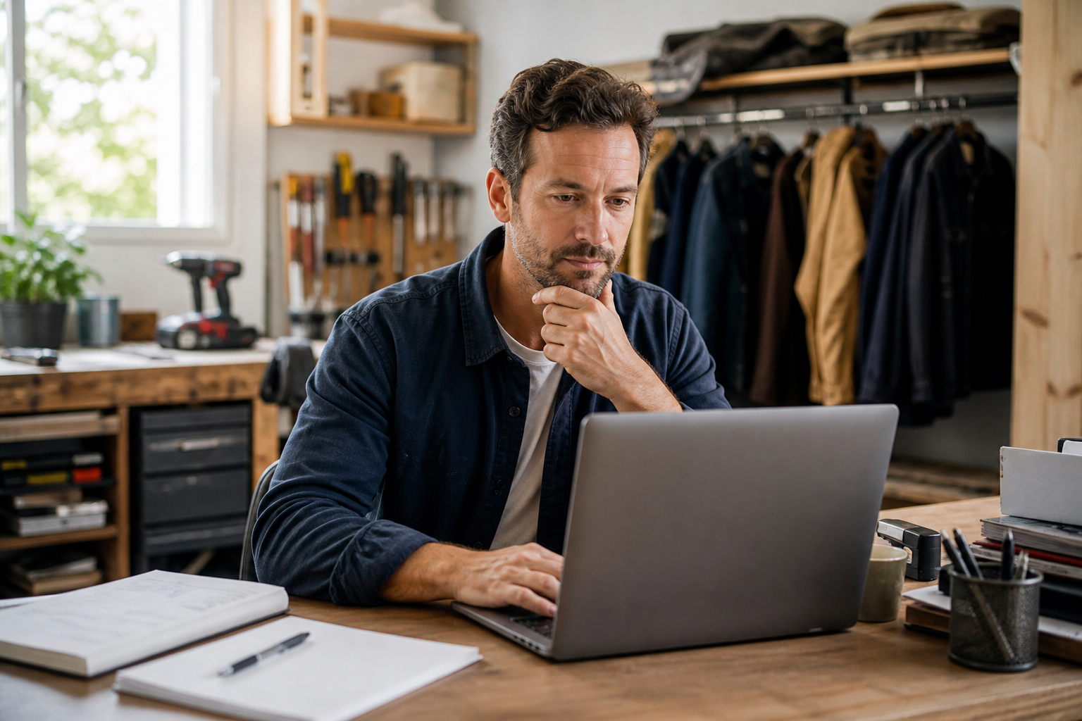 Handwerksunternehmer prüft Bewerbungen am Laptop in seiner Werkstatt.