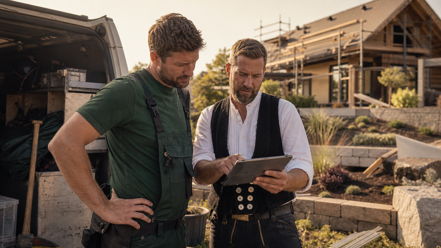 Zwei Handwerker prüfen Einsatzplanung und Wetterlage auf einem Tablet an einer Baustelle.