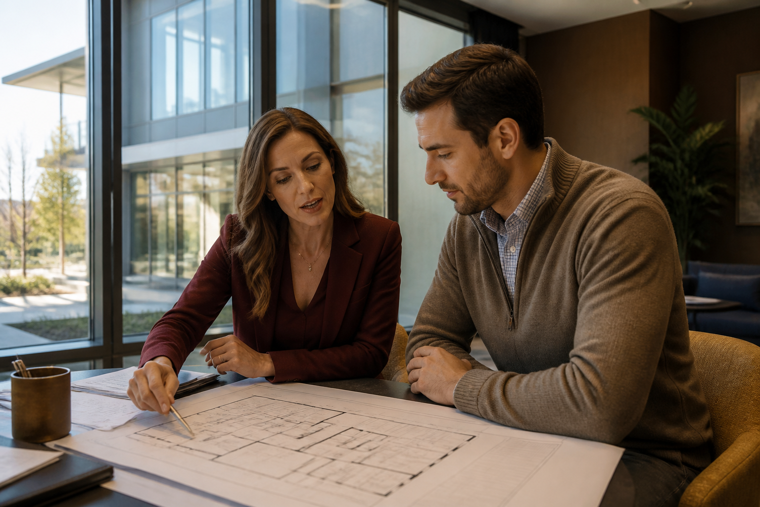 Immobilienmanagerin bespricht den Grundriss einer Gewerbefläche mit einem Interessenten.
