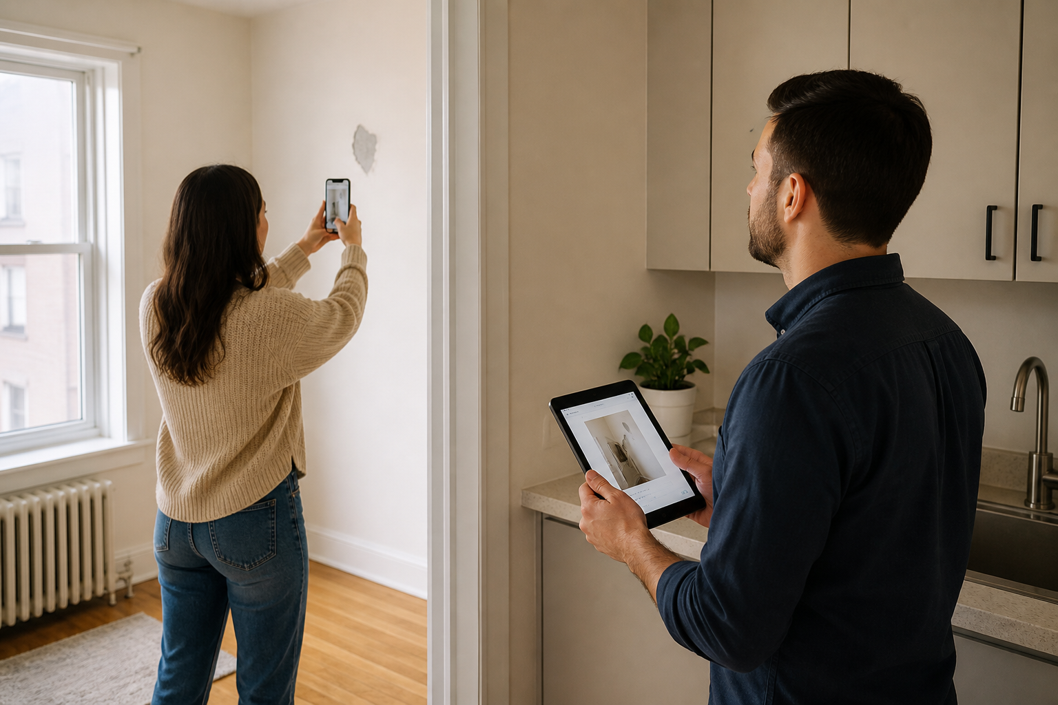 Schaden in einer Wohnung wird per Smartphone und Tablet dokumentiert.