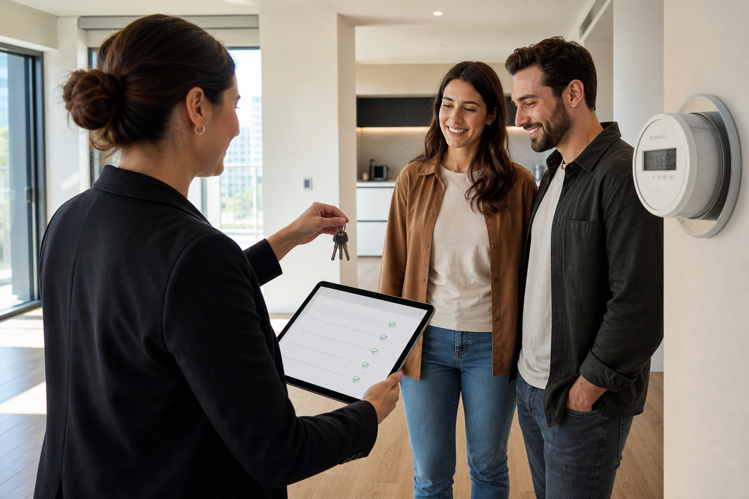 Immobilienmanagerin dokumentiert eine Wohnungsübergabe digital mit einem Tablet.